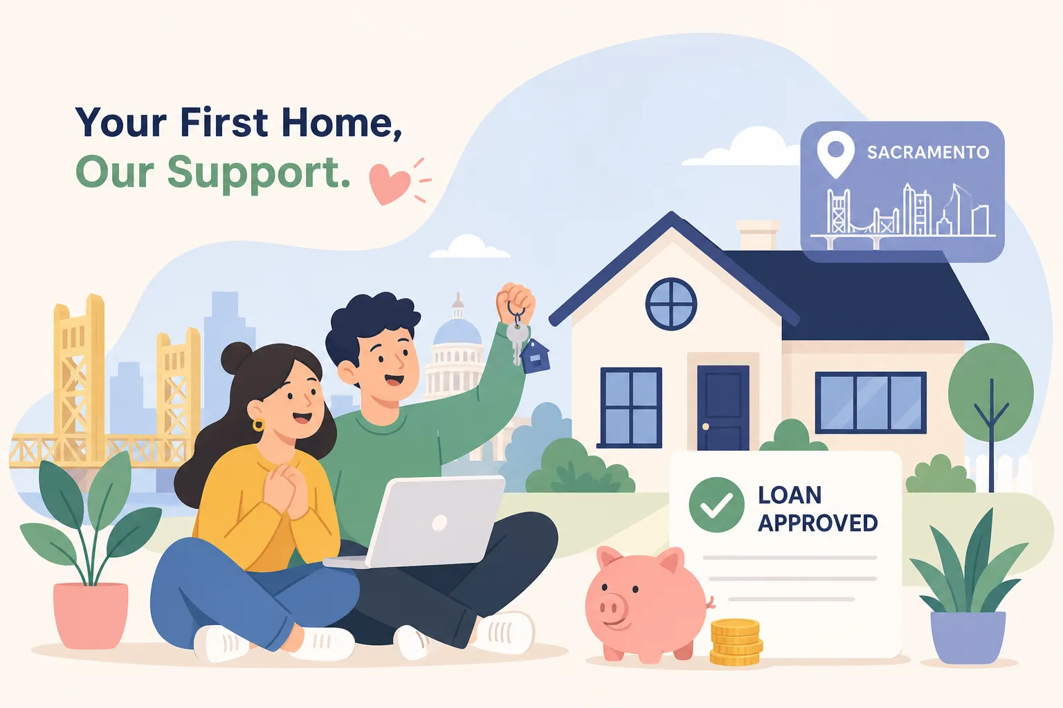 Illustration of a first-time home buyer receiving keys to a Sacramento home